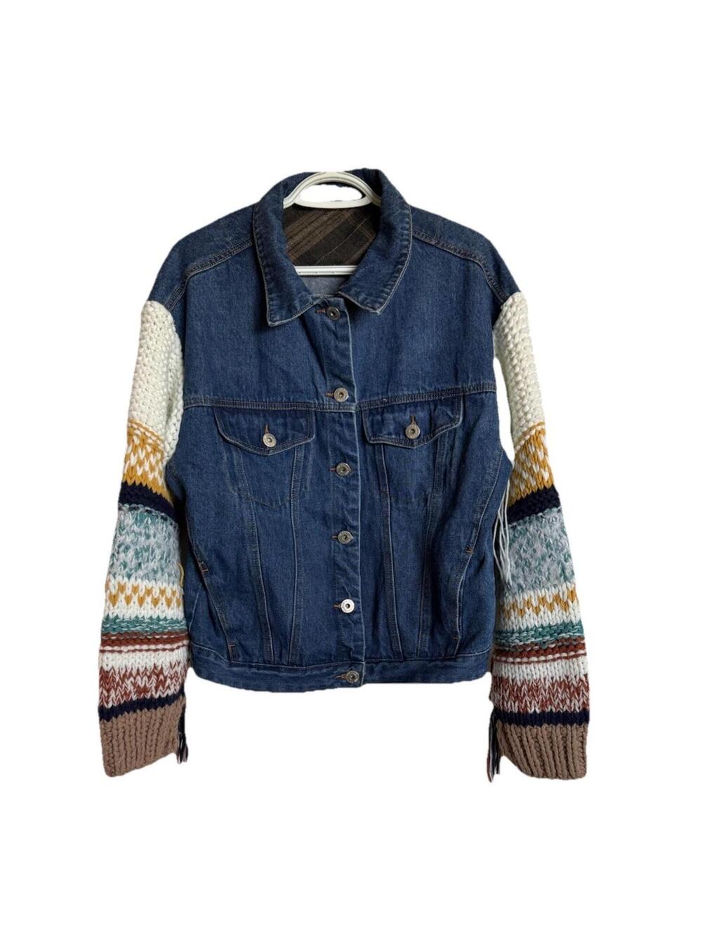 POL Ladies Denim Jacket Size Large Crochet Sleeves BOHO Cotton